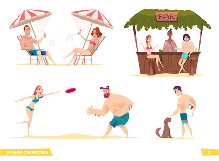 Happy young people resting on the beach. Collection of modern cartoon summer charactersのイラスト素材