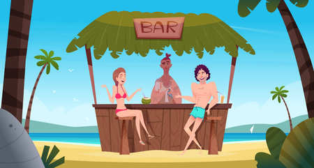 Young man and woman enjoying summer vacation, drink cocktails at beach bar on the sandy coastline.のイラスト素材