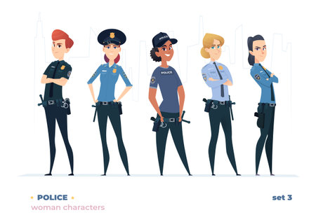 Female police officer collection. Young cheerful police women. Police girls character collectionのイラスト素材