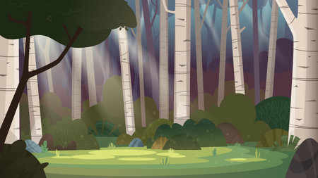 Cartoon magic summer birch forest glade with sunbeams. Forest wilderness landscape.のイラスト素材