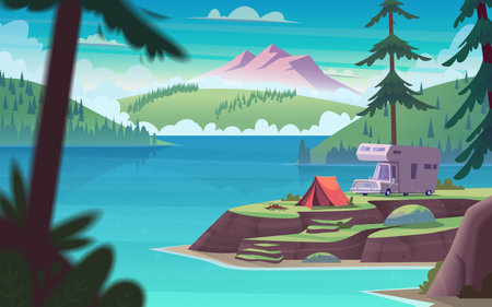 Summer landscape with mountain lake view and camping . Summer camp on river shore.のイラスト素材