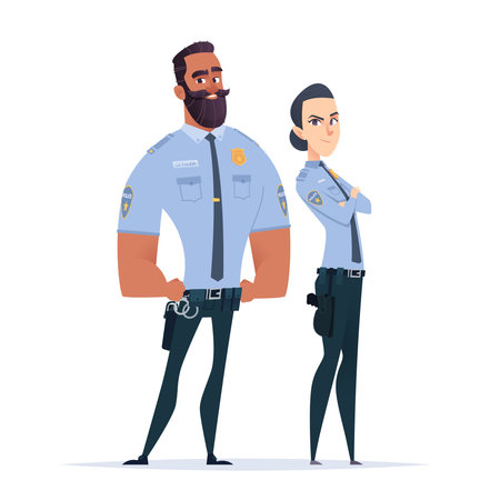 Police officer couple in the uniform standing. Police characters. Public safety officers. Guardians of law and orderのイラスト素材