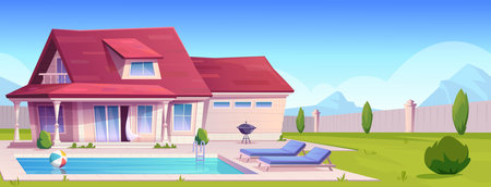Suburban house, residential cottage, real estate countryside building exterior. Two storey dwelling place with poolのイラスト素材