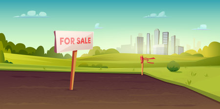 Sale of suburban land. A sign on the ground for the sale. Rural area near the city. Field or site for constructionのイラスト素材