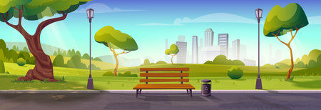 Summer park with bench,trees,walking path and lamp posts. Landscape with skyline cityscape house buildings on backgroundのイラスト素材