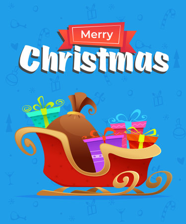 Vector Christmas card with Santa Claus sleigh and gifts on a blue background with the inscriptionのイラスト素材