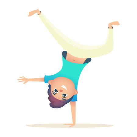 Child has fun and stands upside down on one arm. Boy goes in for sports, Brazilian capoeiraのイラスト素材