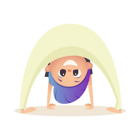 Kid has fun and fools around, stands on his hands and looks out from under his feet. Boy smiles and trains, stretchingのイラスト素材