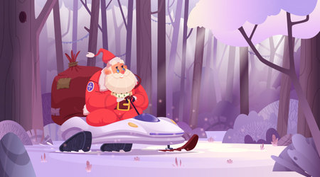 Santa Claus riding on snowmobile through dense winter forest.のイラスト素材