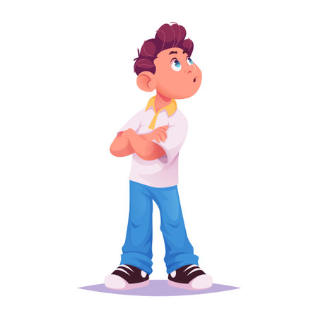 Young surprised cartoon boy standing with arms crossed and looking aroundのイラスト素材