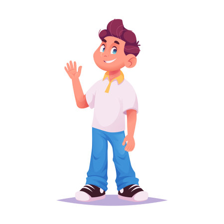 Young cartoon boy in white polo shirt standing and greetingのイラスト素材