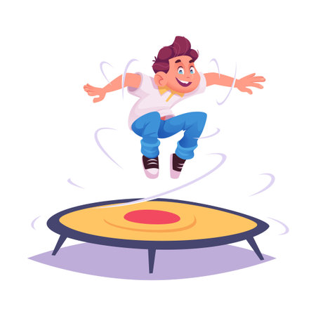 Young cartoon boy in white polo shirt jumping up on trampolineのイラスト素材
