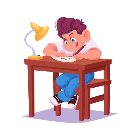 Young cartoon boy in white polo shirt sitting at table and writing drawing something on paperのイラスト素材