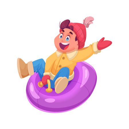 Young cartoon boy in winter clothes riding on air donut or sledのイラスト素材
