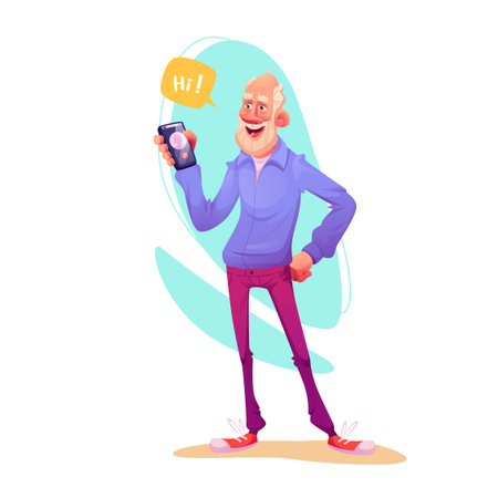 Charming old man cartoon character holding smartphone and talking and smilingのイラスト素材