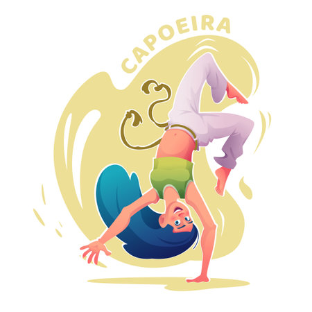 Cartoon capoeira female player practicing acrobatic move. Capoeira dancer in action poseのイラスト素材