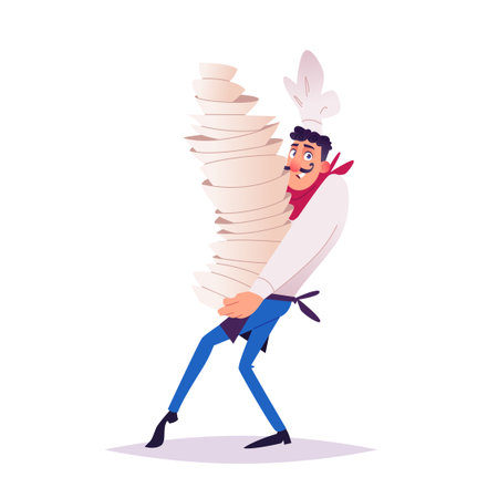 Stressed Chef Steps Carefully and Carrying Huge Stack of Platesのイラスト素材