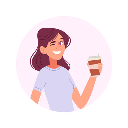 Cheerful Young Woman Winking and Holding Coffee Cupのイラスト素材