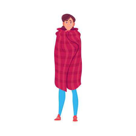 Sick Woman Wrapped in Plaid Blanket with Thermometerのイラスト素材