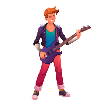 Electric guitarist character in modern vector style. Young male musician performing at concert.のイラスト素材