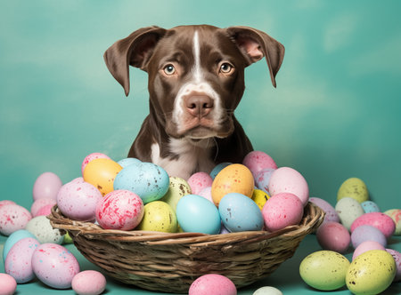 Cute dog pet and Easter basket with colorful eggs. Colored eggs, puppy on a spring festive background. Easter party concept. Many pink blue and yellow eggs on pastel blue backdrop. Generated Aiの素材