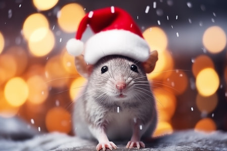 Pet rat in a Red Santa hat. Happy New Year, Merry Christmas. Cheerful little Christmas mouse among festive decorations is waiting for holiday. Magic Xmas Mood. Blurred bokeh background. Generated Aiの素材