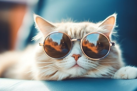 Portrait of a cute ginger cat in stylish sunglasses on a blurred background, close-up, copy space, Creative cat concept, Beach holiday concept, Sunbathing by the pool, Relaxationの素材