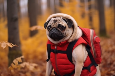 Dog with a red tourist backpack on a fall forest background. Cute pug wearing a vest outdoors. Cold season. The concept of camp, hiking, traveling and nature. Weekend, leisure, sportの素材