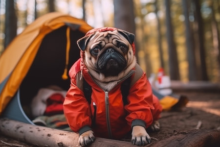 ?ute pug in a red sports jacket sits next to a tent in the forest. Tourism. Camping. Hiking. Blurred background. Cold season. Camp, hiking, travel and nature concept. Weekends, recreation, sportsの素材