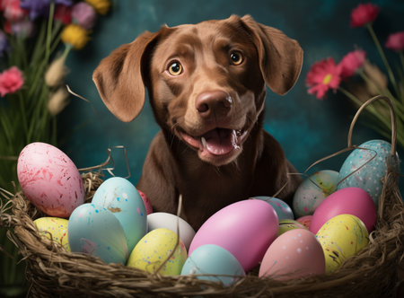 Cute dog and Easter basket with colorful eggs. Colored eggs, smiling puppy on a blurred background. Basket with colored eggs. Easter party concept. Many different eggs on a blurred backgroundの素材