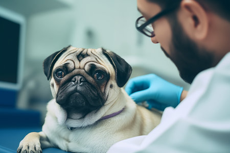?andsome male veterinarian wearing medical gloves provides expert care to a cute funny pug puppy. Veterinary clinic dealing with pet health. Blur background. Best patient. Banner copy space. Close-upの素材