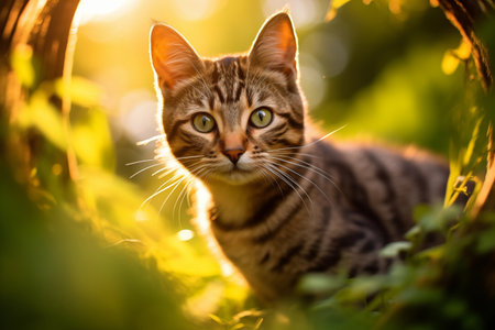 Little tabby gray kitten sitting among a beautiful green meadow is happily looking around. Cute cat walking outdoors. Soft focus. Striped Feline with funny face. Summer sundown lightの素材