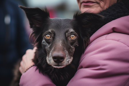 An elderly woman with a dog. An elderly woman holds a puppy on the street. A cheerful elderly pensioner woman with wrinkles smiles while hugging her dog. She loves spending time with her petの素材