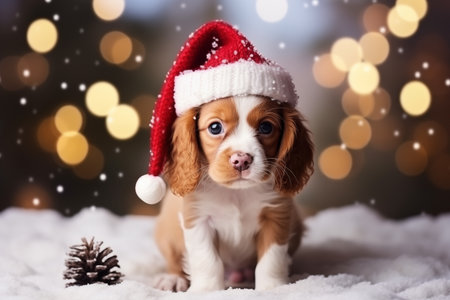 Cute Dog Spaniel Wearing a Red Santa Hat Sitting Outdoors in a Park. Snow Falling. Christmas Pet Concepts. Ginger Puppy is Waiting for Winter Holiday. Cute Curious English Cocker Spanielの素材