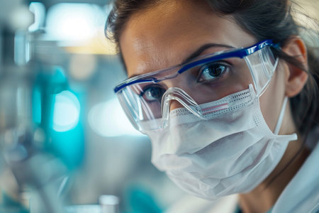 Close-up portrait of a young woman in a laboratory uniform. Beautiful female scientist wearing a mask and glasses working in a science laboratory for experimental research. Copy spaceの素材