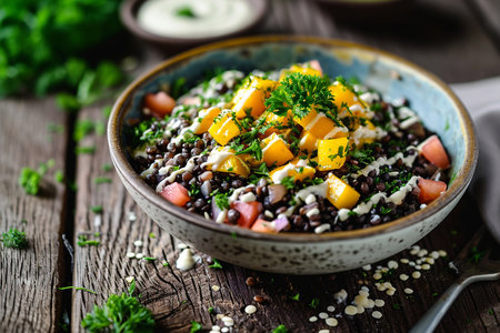 Black lentil salad with mango and tahini dressing. Healthy salad. Healthy vegan food concept. Healthy salad on a wooden table. Healthy eating concept. Vigaterianism. Food background. Copy spaceの素材