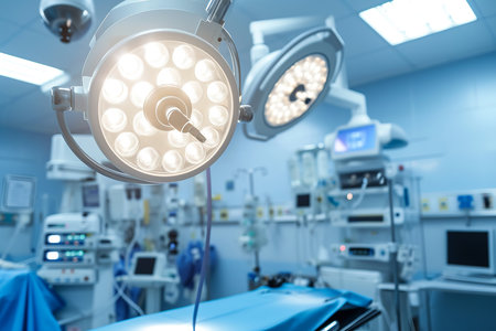 Technologically advanced operating room without people, ready for surgery. Interior of an operating room in a clinic with modern medical equipment. Background. Operating room of the futureの素材