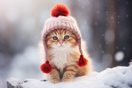 A small cat in a funny knitted hat sits on white snow outdoors. Christmas pets concepts. Red tabby kitten is waiting for the winter holidays. Cute curious kitten with big eyesの素材
