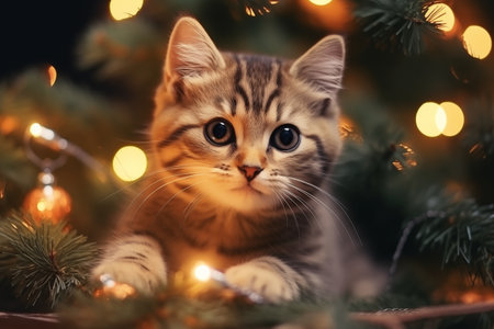 A small curious red kitten plays on the top of the Christmas tree. A small kitten among the branches of a festive Christmas tree. New Year's celebration. Funny Christmas pets. Pets during the holidaysの素材