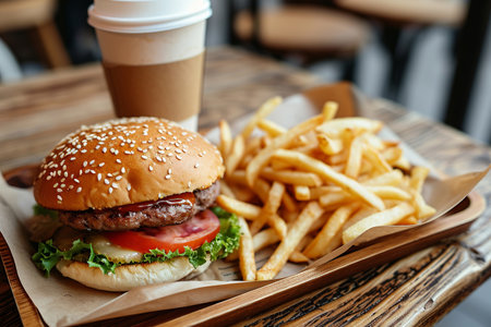 Delicious homemade hamburger with beef, cheese and vegetables. French fries and a paper cup of cappuccino on an old wooden table. Elevated view of a delicious hamburger with chips. Junk food.の素材