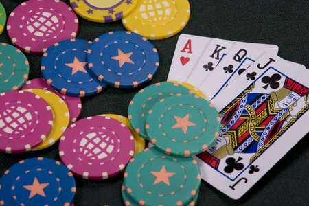 The playing cards and chips for a game in a casinoのeditorial素材