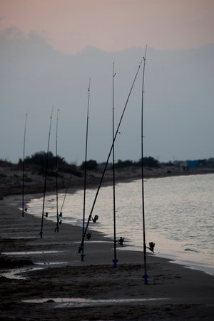 Fishing rods in sand on sea beach