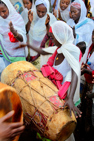 TURMI, ETHIOPIA - NOVEMBER 22, 2011:Celebration of day of Saint Mikhail in orthodox Christian church. November 22, 2011 in Turmi, Ethiopia.のeditorial素材