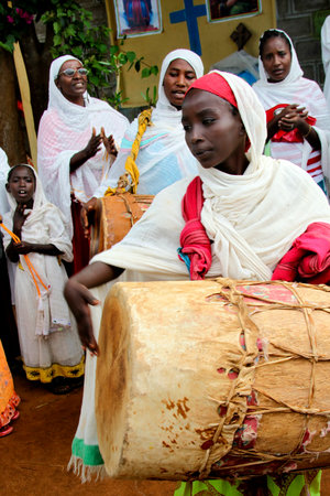 TURMI, ETHIOPIA - NOVEMBER 22, 2011:Celebration of day of Saint Mikhail in orthodox Christian church. November 22, 2011 in Turmi, Ethiopia.のeditorial素材