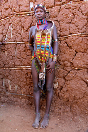 TURMI, ETHIOPIA - NOVEMER 21, 2011: portrait of unidentified Hamer tribe woman, Omo valley, November...