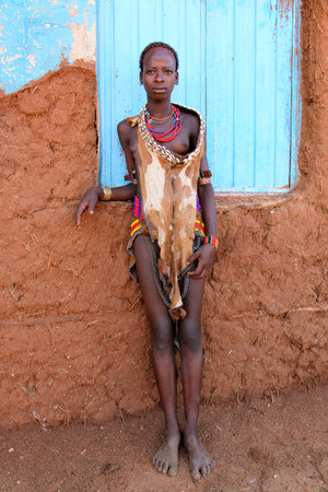 TURMI, ETHIOPIA - NOVEMER 21, 2011: portrait of unidentified Hamer tribe woman, Omo valley, November...