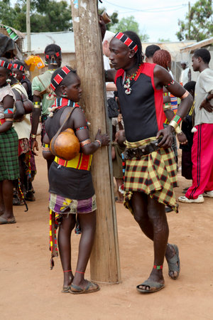 VALLEY OMO, ETHIOPIA - November 22, 2011: Unidentified young couple from Hamer tribe at traditional...
