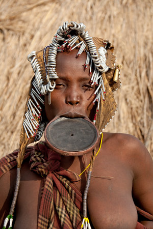 OMO VALLEY, ETHIOPIA - November 20, 2011 - The Mursi are ethnic group that inhabits southwestern...