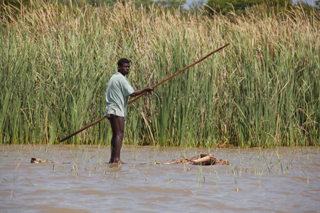 LAKE CHANA, ETHIOPIA - Novembre 17, 2010: Unidentified ethiopian man in a salfemade boat on Lake Chana in Ethiopia.のeditorial素材