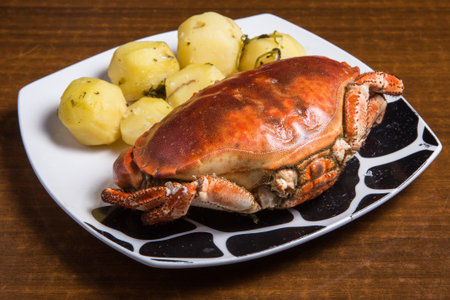 Crab cooked steam or boiled with lemon and lettuce salad vegetable on wooden board in a restaurant / Fresh seafood stone crabの写真素材